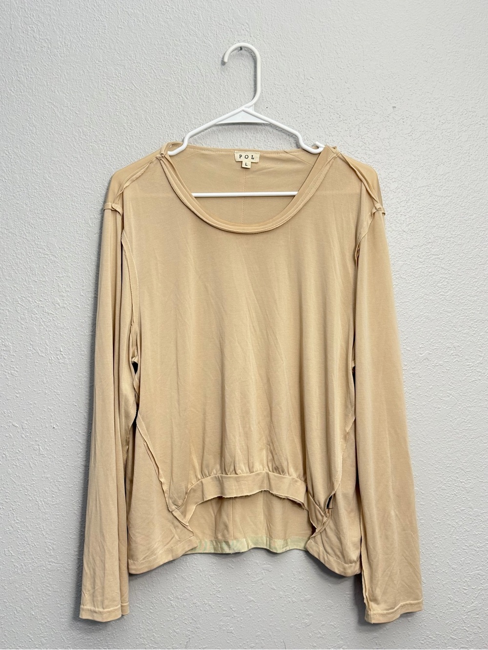 POL Long Sleeve Raw Hem Top in Beige